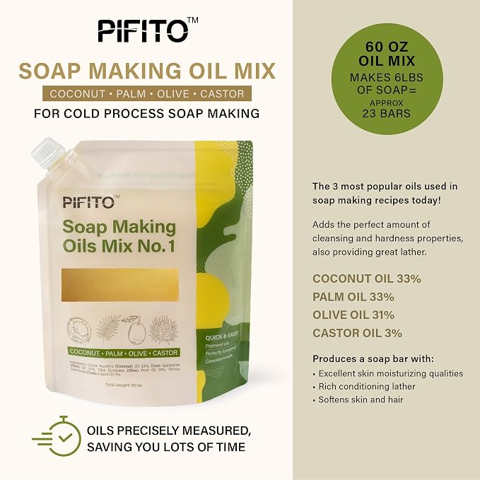 Pifito Soap Making Oils Mix No. 1 │ 60 Oz Quick Mix Blend of Pre-Measured Oils for Cold Process Soap Making Supplies