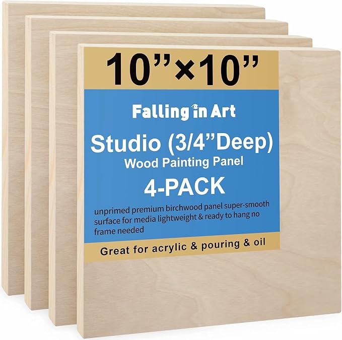 Falling in Art 4 Pack 10x10’’ Unfinished Birch Wood Panels Kit for Painting | Studio 3/4’’ Deep Wooden Canvas, Cradle Boards for Acrylic Pouring, Art, Crafts, Epoxy Resin, Laser Engraving Cutting