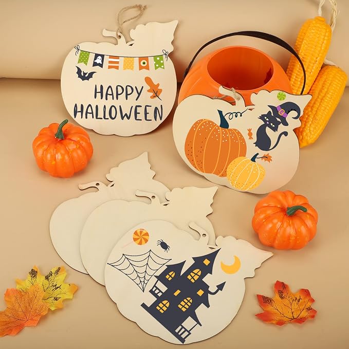 Large Size 7inch Wooden Halloween Thanksgiving Ornaments to Paint, DIY Blank Unfinished Pumpkin Wood Discs Ornament for Crafts Hanging Autumn Decorations(10PCS, Beige Pumpkin)