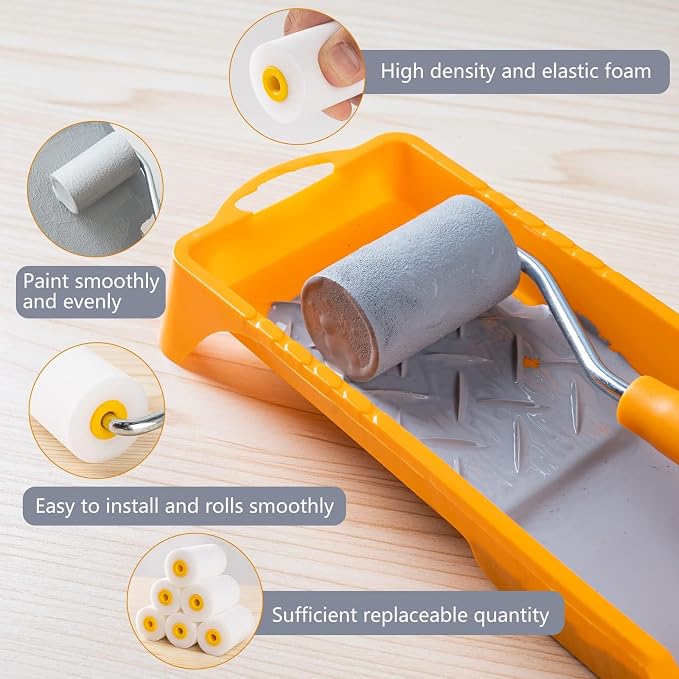 Mister Rui Mini Foam Paint Roller Kit, 2 Inch Paint Tray with Liner 20 Pack