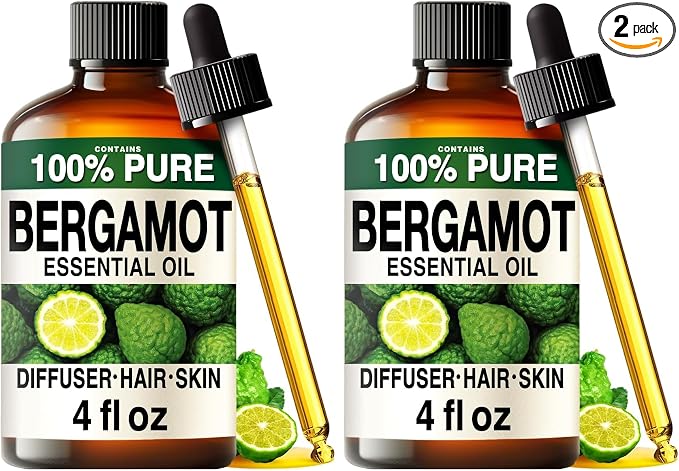 100% Pure Bergamot Oil - 4 Fl Oz Bergamot Essential Oil for Hair, Skin, Diffuser, Aromatherapy & DIY Soap Making Scent (Pack of 2)