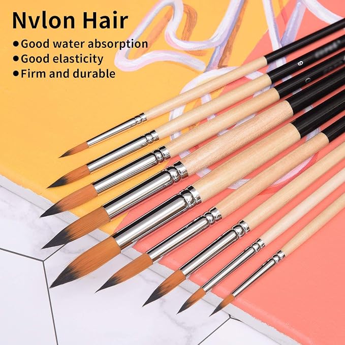 Artist Watercolor Brushes Set,9 Pcs Professional Painting Kits with Long Handle Soft Nylon Hair Round Tips Brushes for Acrylic Oil Watercolor Gouache (Pointed-Round)