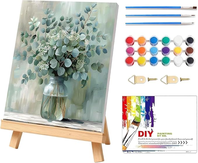 Eucalyptus Flowers Paint by Number Framed with Wooden Easel 12x16inch | Adult Paint by Numbers, Flowers Canvas Paint by Numbers for Adults, DIY Acrylic Painting Kits for Adults, Home Decor Gifts