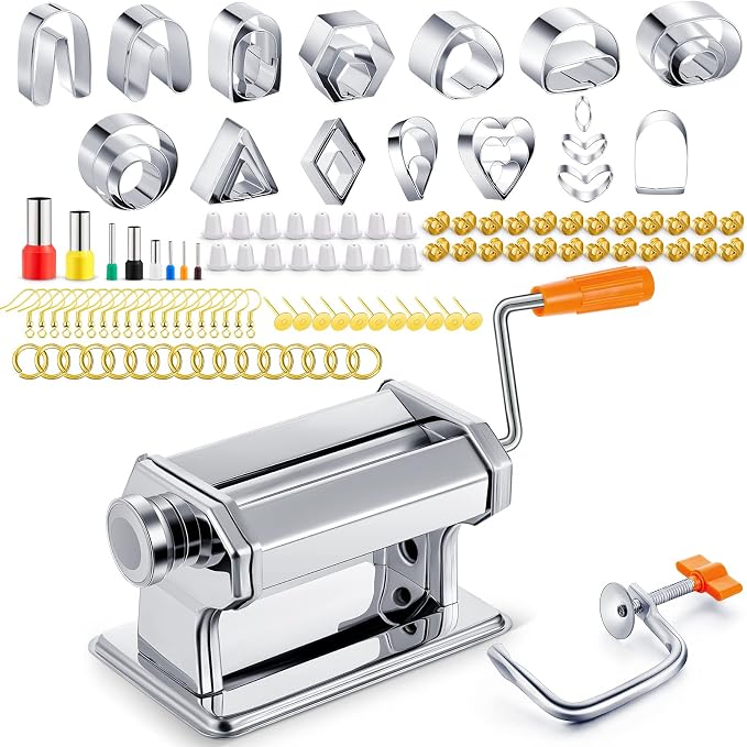 Amylove 72 Pieces Polymer Clay Roller Tools Machine Clay Conditioning Machine Polymer Clay Cutter Kit with Shapes Stainless Steel Clay Earring Cutters Earring Hooks Accessories for Clay Earring Making