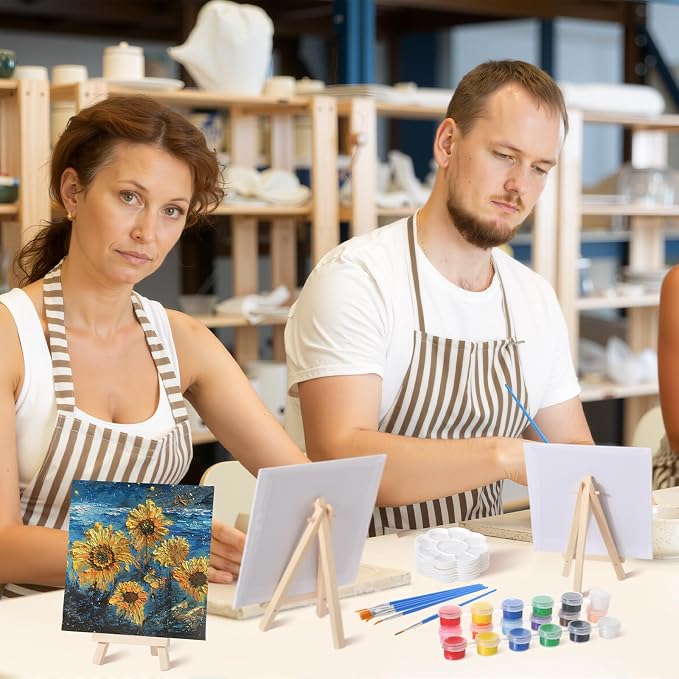 Qilery 12 Set Canvas Painting Kit, Mini Canvas with Wooden Easels Acrylic Paints Strips, Brushes, Palette, Art Set for Acrylic Oil Watercolor Adults Birthday Party Favors(4 x 4 Inch)