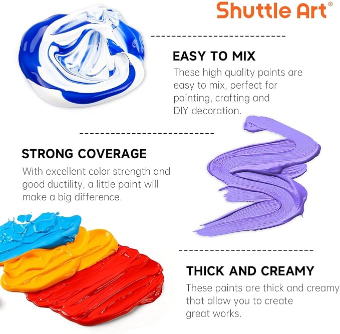 Shuttle Art 80 Colors Acrylic Paint, Acrylic Paint set with 12 Paint Brushes, 2oz/60ml Bottles, Rich Pigmented, Premium Paints for Artists, Beginners and Kids on Canvas Rocks Wood Ceramic