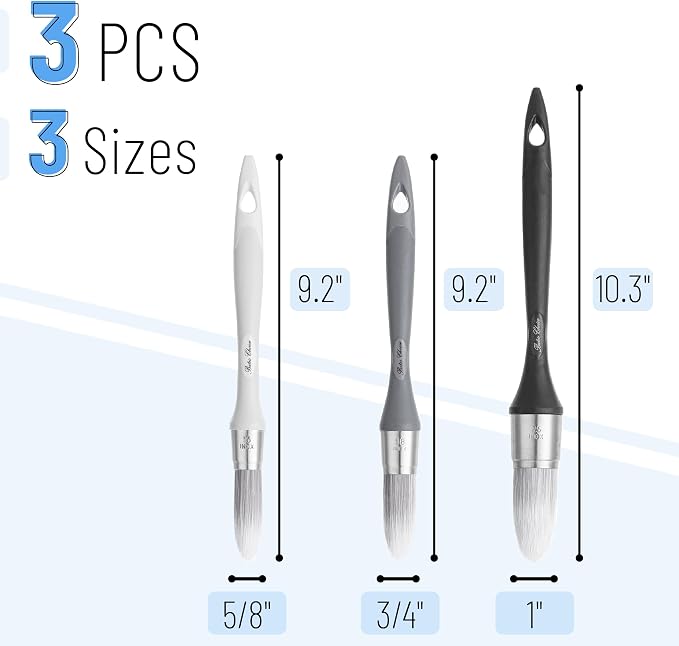 Bates- Trim Paint Brush, 3 pcs, 5/8”, 3/4” and 1”, Ergonomic Handle, Grey Theme, Trim Brushes for Painting