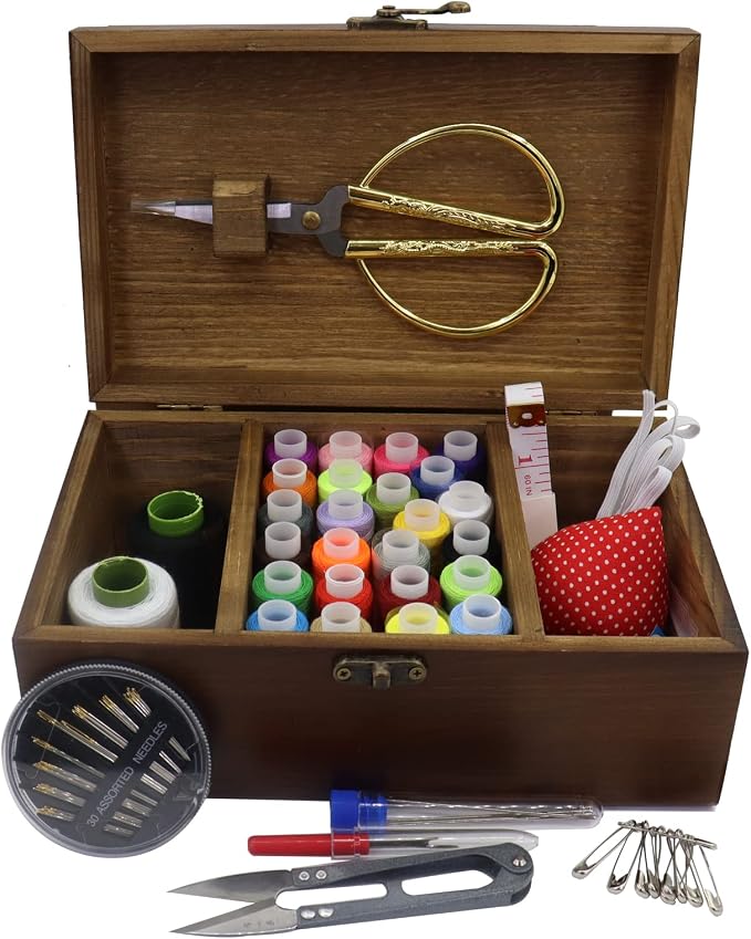 Flytreal Sewing Kit Box Basket, Wooden Hand Home Sewing Repair Tool Kit, Beginner Universal Sew Kit Accessories for Women, Men, Adults, Girls, Kids (Retro Dandelion)