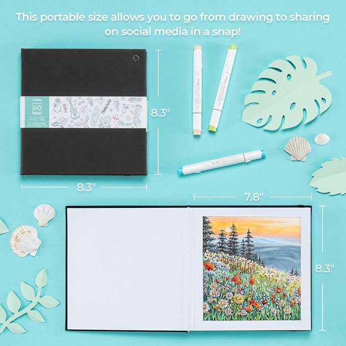 Ohuhu 8.3"x8.3" Double-Sided Bleedproof Marker Pad Art Sketchbook 60 Sheets | Square Sketch Book - 90 LB/150 GSM Smooth Drawing Paper -60 Sheets/120 Pages -Hardcover Sketch Pad for Alcohol Markers Paints