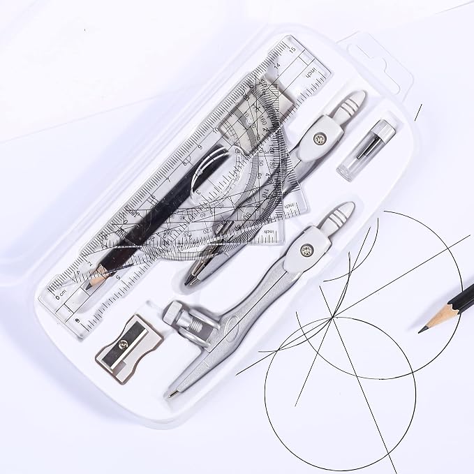 Unjoo Math Geometry Set 10 Pcs, Compass and Protractor for Students(Grey | Shatterproof Storage Box,Rulers,Protractor,Compass,Eraser,Pencil Sharpener,Lead Refills,Pencil,for Classroom, Back to School