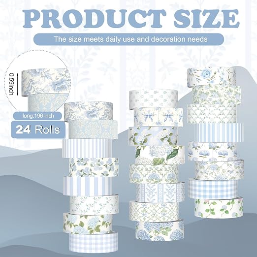 Gueevin 24 Rolls Floral Washi Tapes Set Scrapbook Supplies, Blue Hydrangea | 15 mm Watercolor Flower Washi Tapes, Back to School DIY Craft Arts, Junk Journaling Planner Gift Wrapping Supplies