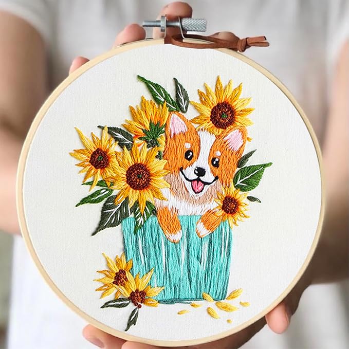Embroidery Kit for Beginners, Dog Flower Pattern Embroidery Practice Kits | Hand Embroidery Kit, Easy to Follow Instruction and Video