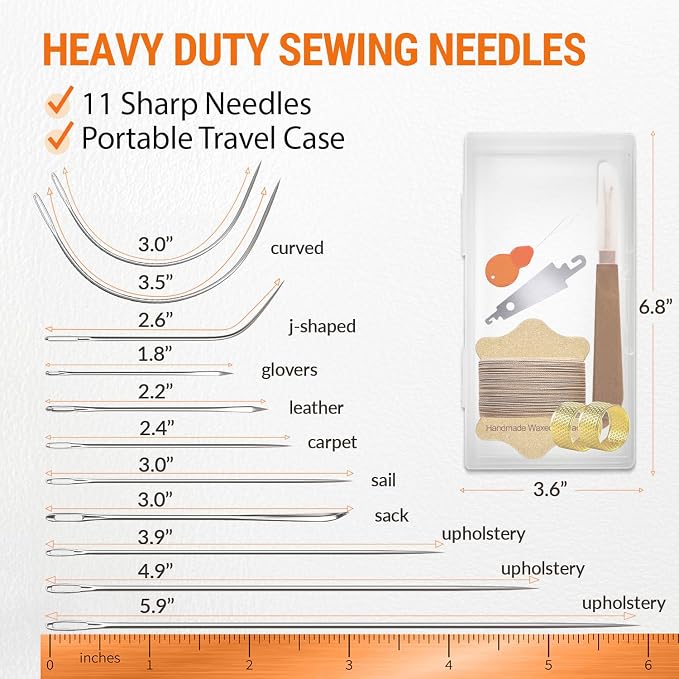 VONEEDL Upholstery Repair Kit: Waxed Sewing Thread (Khaki Color) & Heavy Duty Needles (11 PCS) for Leather, Canvas & Quilting Thread