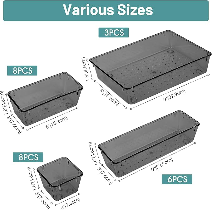 25 PCS Plastic Drawer Organizer Set, Makeup Organizers and Storage Bins | 4 Sizes Desk Drawer Divider Organizers and Storage Bins for Jewelry, Gadgets for Kitchen, Bedroom, Bathroom, Office, Black