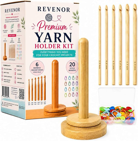 Revenor Yarn Holder for Crocheting, Crochet Yarn Holder Kit with 6 Bamboo Crochet Hooks & 20 Stitch Markers, Yarn Organizer & Yarn Storage Organizer, Crochet Kit for Beginners, Crochet Tools