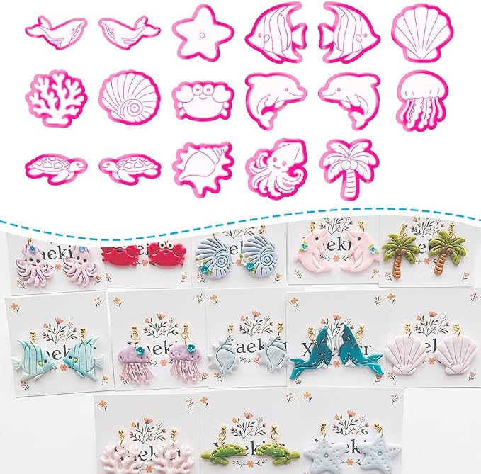 Ocean Life Polymer Clay Cutters Set - 17pcs Sea Creatures Shapes Including Starfish, Dolphin, Turtle, Jellyfish & Seashell for DIY Earring Jewelry, Scrapbooking & Miniature Decor
