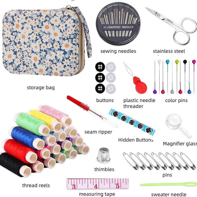 Daisy Sewing Kit Printing Sewing Kit,Professional Sewing Supplies for Adults, Zipper Sewing Needles Set, 87 PCS Travel Sewing Accessory for Emergency, Home