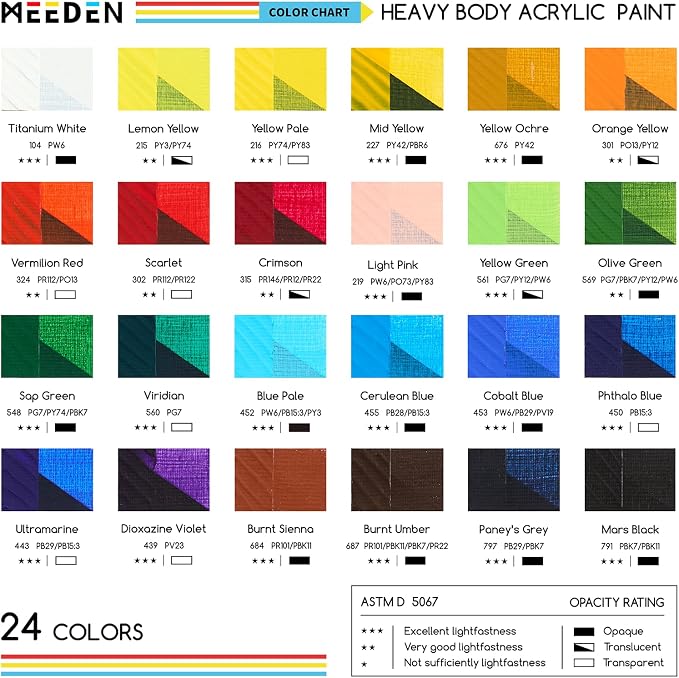 MEEDEN Heavy Body Acrylic Paint: Satin Finish 24 x 60ml (2 oz) Tubes Set | Basic Paint Color Set for Adults, Rich Pigment Art Craft Paints for Canvas Clay Wood Painting