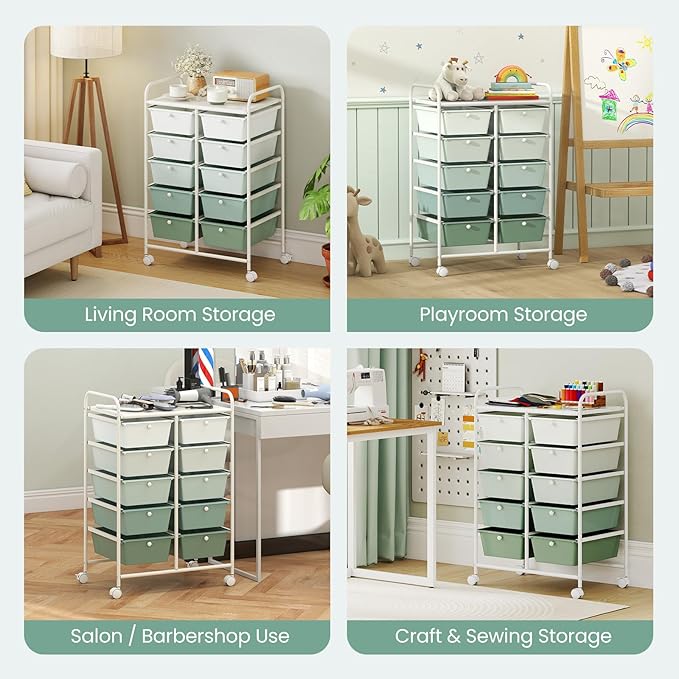 Giantex 10 Drawers Rolling Cart, Classroom Organizers, Storage Cart with Wheels, for Teacher Office Home School Supplies Tool Craft Art Paper, Green Gradient