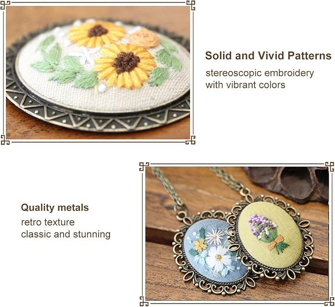 ZOCONE 4 Packs Embroidery Necklace Kits, Embroidery Pendant Kit Mini Cross Stitch Kit with Hoop, Necklace, Pendant, Stamped Pattern Cloth, Instructions, etc., Embroidery Kits for Adults