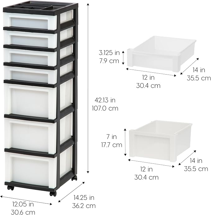 IRIS USA 7-Drawer Rolling Storage Cart, Black/Pearl