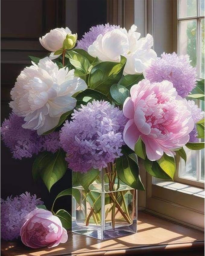Fountor Flower Paint by Numbers Kit for Adults Beginner 16x20 Inch | DIY Acrylic Painting by Numbers Windowsill Flowers, Without Frame Canvas, Stress Relief Craft Kits, For Home Decor Gift