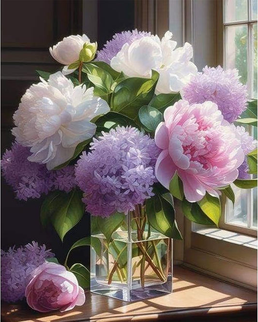 Fountor Flower Paint by Numbers Kit for Adults Beginner 16x20 Inch | DIY Acrylic Painting by Numbers Windowsill Flowers, Without Frame Canvas, Stress Relief Craft Kits, For Home Decor Gift