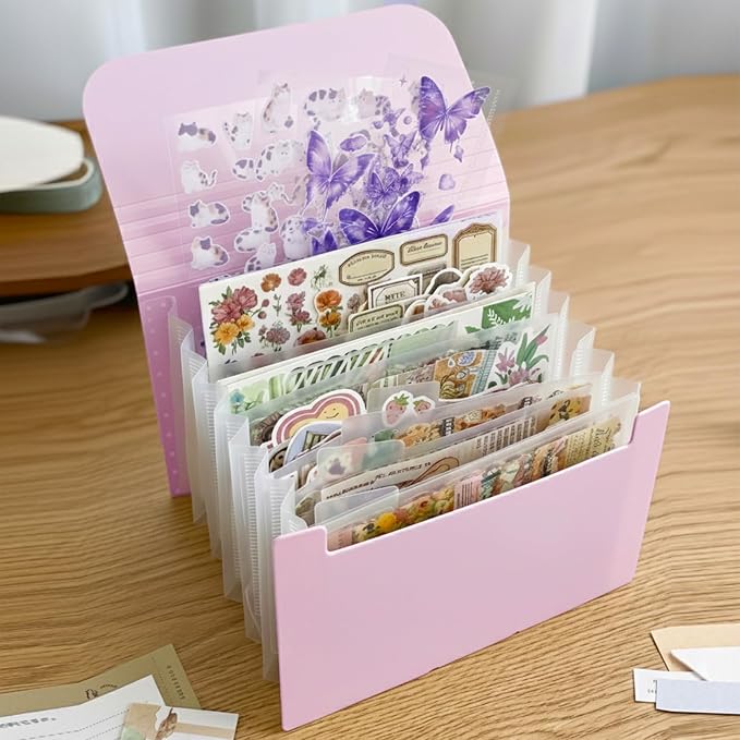 Sticker Storage Organizer with 7 Expandable Pockets, Multi-Layer Desktop Sticker Binder for Scrapbook Essentials and Journal Organizer, Large Capacity for Thick Sticker Album, Washi Tape(Light Purple)