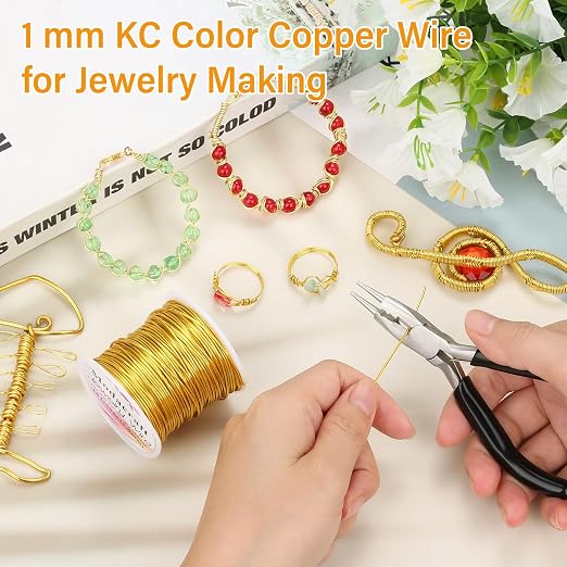 Modacraft 18 Gauge Gold Jewelry Wire & 4-in-1 Pliers Kit - 65FT Tarnish Resistant Copper Craft Wire (1.0mm) for Wire Wrapping, DIY Jewelry Making, Christmas Ornaments & Holiday Decorations