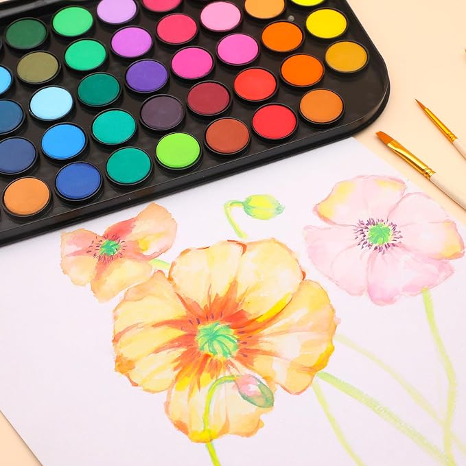 Artecho 48 Colors Watercolor Paint Set, 3 Brushes | Washable Pan Watercolor, Travel Portable Design, for Card Making, Illustrations, Painting