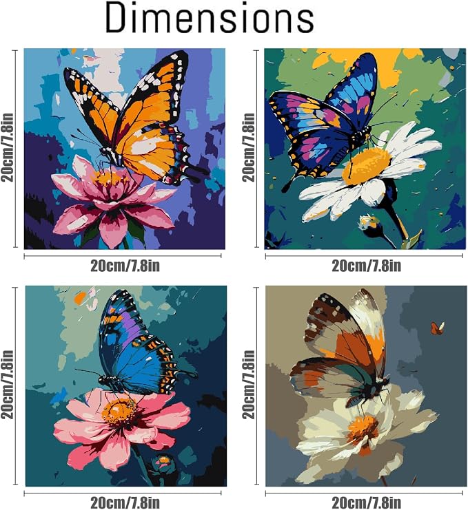Canrichshop 4 Pack Butterfly Paint by Numbers for Beginner with Frame,Colorful Butterfly Adult Paint-by-Number Kits on Canvas, DIY Number Painting for Adults for Decor 8X 8 inch