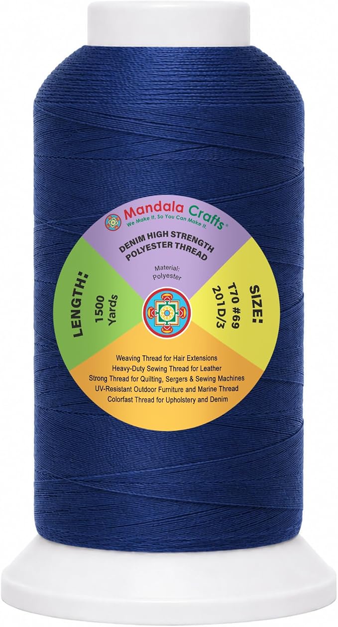 Mandala Crafts Denim Tex 70 Polyester Heavy Duty Thread for Upholstery | 1500 Yds T70 UV Resistant Strong Thread for Leather Sewing, Marine, Drapery, Jeans, Hair Weaving & Extension, Outdoor