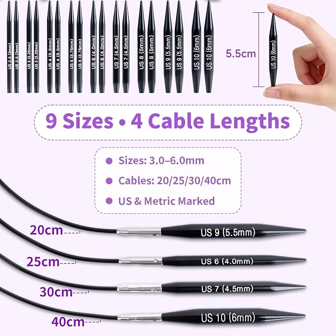Reessy Short Interchangeable Circular Knitting Needles Set – 2” Aluminum Tips (3.0–6.0mm), 20–40cm Cables – Interchangeable Shortie Needles for Socks, Sleeves & Small Projects