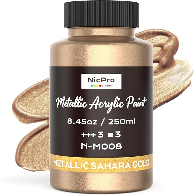 Nicpro Metallic Sahara Gold Acrylic Paint, 8.45oz/250ml Gold Leaf Paint | Large, Non Toxic, Non Fading Gold Paints for Metal, Wood, Craft, Clay, Fabric, Canvas, Furniture, Handcrafts, Art Supplies