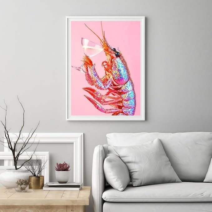 5D Pink Lobster Cocktail Diamond Art kits for Adults Beginners 12x16in | Diamond Painting Kit DIY Full Round Drill Paint by Diamonds Dot Gem Art for Adult, Home Wall Decor