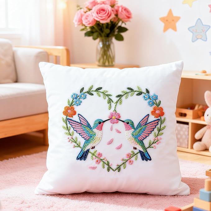 BEUNITONE 4 Set Wreath and Bird Pattern Embroidery Kit for Adult Beginners | DIY Complete Needlepoint Kits for Adults, Handmade Embroidery with Hoops and Instructions Gifts for Fabric Home Decor 20x20cm