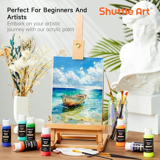 Shuttle Art Acrylic Paint, 42 Colors Acrylic Paint Set with 12 Brushes, 2oz/60ml Bottles, Rich Pigmented, Water Proof, Premium Paints for Artists, Beginners and Kids on Canvas Rocks Wood Ceramic