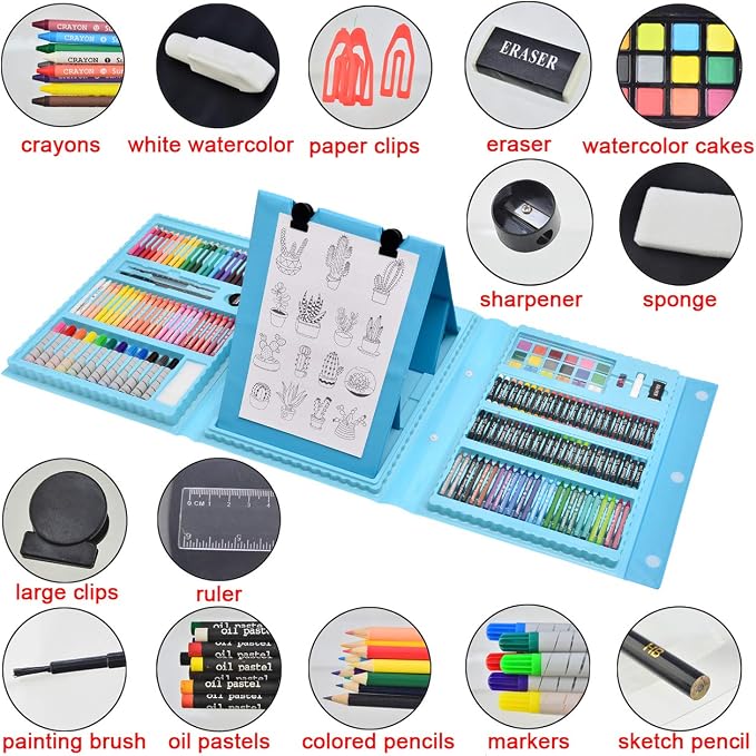 Sunnyglade 185 Pieces Double Sided Trifold Easel Art Set Art Supplies Blue | Art Kit Drawing Art Box with Oil Pastels, Crayons, Colored Pencils, Markers, Paint Brush, Watercolor Cakes, Sketch Pad