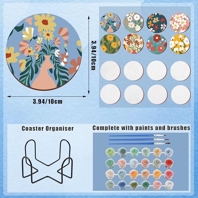 Reallnaive 8 Pcs Flower Paint by Numbers Kit for Adults Floral Coasters | Mini Paint by Numbers, Tiny Round Oil Painting Drink Coaster with Holder, for Small DIY Craft Birthday Gift