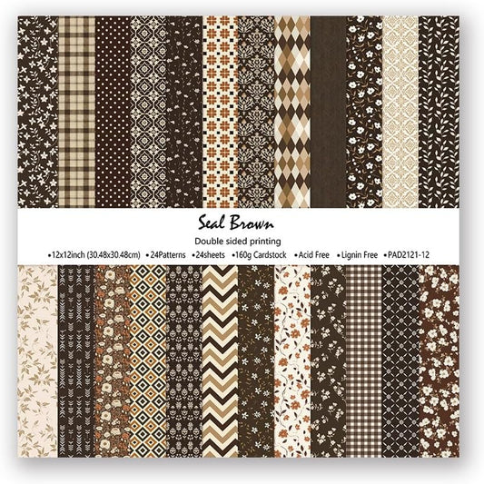 Seal Brown Double Sided Scrapbook Paper 12x12 Inch, 24 Sheets 24 Unique Rustic Patterns, 160gsm Acid Free Vintage Farmhouse Cardstock for Junk Journal, Cardmaking and DIY Crafts