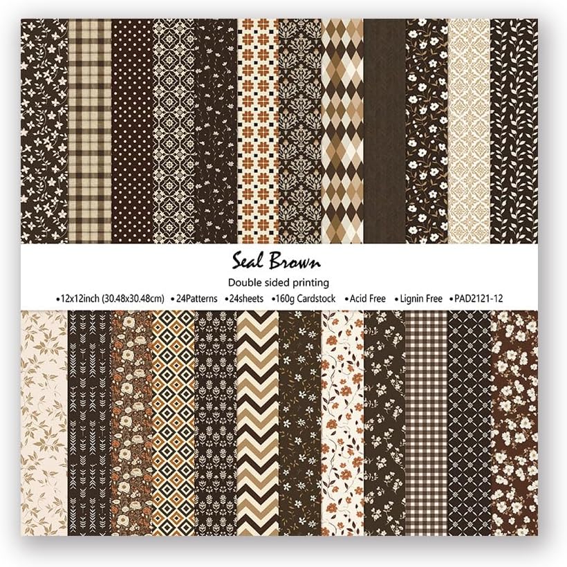 Gingham Scrapbook Paper 12x12 Coffee,24 Sheets Double-Sided Bohemian Floral Patterned CardStock Paper Pad Boho Tone Decorative Craft Papers for Holiday Cardmaking DIY Origami Papers.