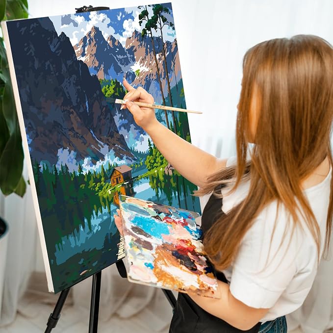 GEEHEIY Paint by Numbers Kit for Adults, Mountain Lake Cabin, 16 x 20 Inch | DIY Adult Paint by Number Kit on Canvas for Beginners, without Frame, Nature Wall Decor, Stress Relief Craft Gift