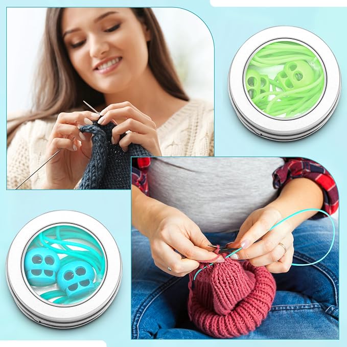 GliCraft 3 Pack Silicone Knitting Stitches Holder Barber Cord Stitch Markers Knit Stitches Keeper with Needle Stoppers in a Storage Tin for Craft