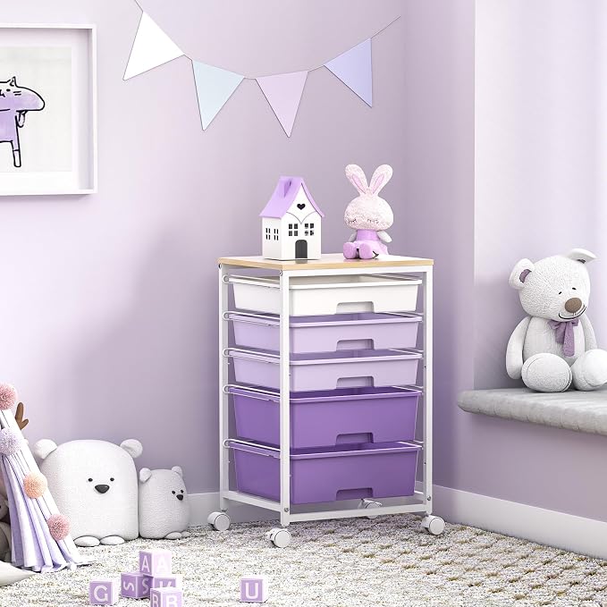 SYKIARIOL Utility Cart with 5 Drawers with Wooden Top,Purple | 5-Tiers Storage Cart with Drawers with Lockable Wheels for Craft Organizers and Storage,Home Office,Classroom,Dorm ,Playroom