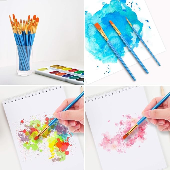 Soucolor 40-Pc Paint Brushes, Round Tip, Acrylic Oil Watercolor, Blue | 40pcs, 10 sizes, soft nylon bristles, nickel ferrules, blue wood handles — ideal for acrylic, oil, face, nail & rock art.
