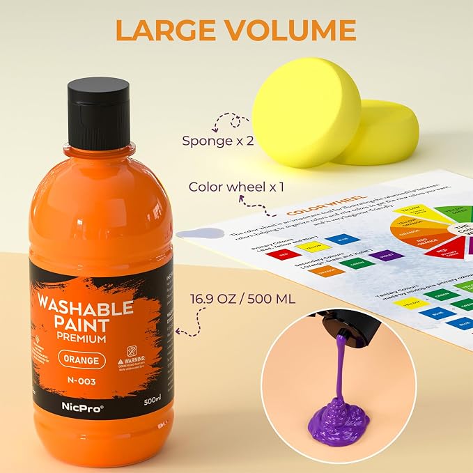 Nicpro 12 Colors Large Washable Paint Set for Kid (16.9oz), Acrylic Bulk | Paint Supplies Non Toxic Tempera Paint for Art, Craft DIY, Poster & Finger Paint, School, Home, Teacher Classroom Must Haves