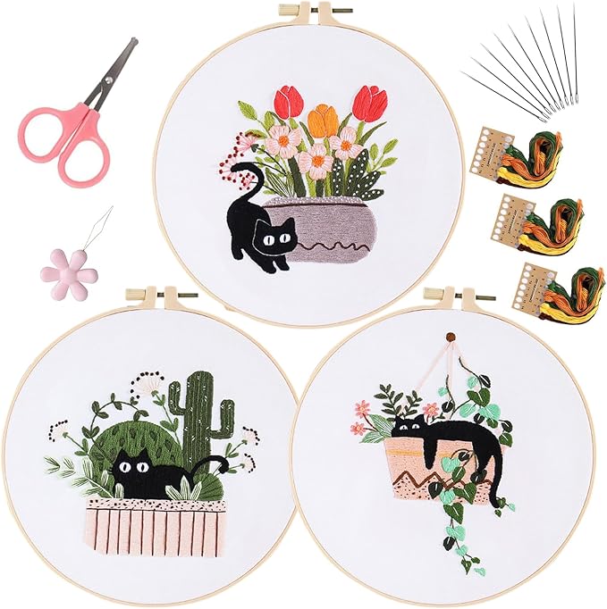 LB Cat Embroidery Kit for Beginners Adults, 3 Sets Hand Embroidery Starter Kit with Cactus Floral Pattern and Instructions Stamped Cross Stitch Kits Include Embroidery Hoop Needles Threads Scissors