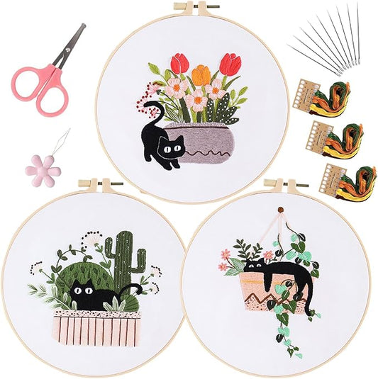 LB Cat Embroidery Kit for Beginners Adults, 3 Sets Hand Embroidery Starter Kit with Cactus Floral Pattern and Instructions Stamped Cross Stitch Kits Include Embroidery Hoop Needles Threads Scissors