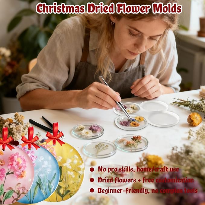 MEMOVAN 4-Cavity Christmas Ornaments Resin Molds with Hole Round Resin Molds Circle Coaster Molds Round Pendant Casting Molds for Epoxy Resin Christmas Tree Decorations DIY Crafts