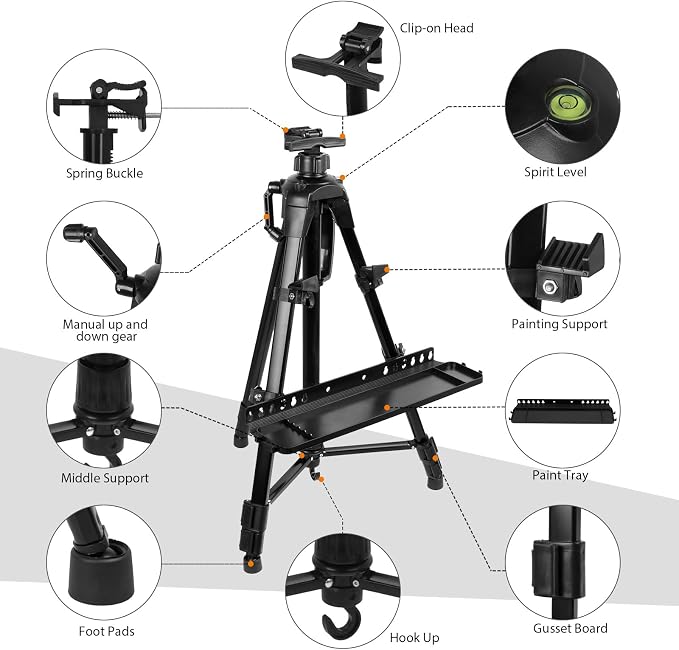 Art Easel Aluminum Alloy Portable Extendable Easel with Hand Crank Adjustable to 61.8 '' Drawing Board Holder, Compass, Level and Storage Bag -for Artists, Painters, Sketching, Outdoor Painting